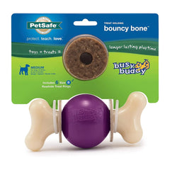 Busy Buddy Bouncy Bone Treat-Dispensing Dog Chew Toy with Refillable Rawhide Treats Multicolor Medium