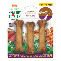 Nylabone Healthy Edibles All-Natural Long Lasting Chew Treats Variety Pack Roast Beef Chicken & Bacon Petite - Up To 15 lbs 3 Count