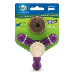Busy Buddy Jack Treat-Dispensing Dog Chew Toy with Refillable Rawhide Treats Purple & White Small