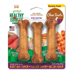 Nylabone Healthy Edibles All-Natural Long Lasting Chew Treats Variety Pack Roast Beef Chicken & Bacon Small/Regular - Up To 25 Ibs 3 Count
