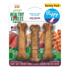 Nylabone Healthy Edibles Puppy Natural Long Lasting Variety Dog Chew Treats Roast Beef, Turkey & Apple, Bacon XS/Petite - Up To 15 lbs 3 Count